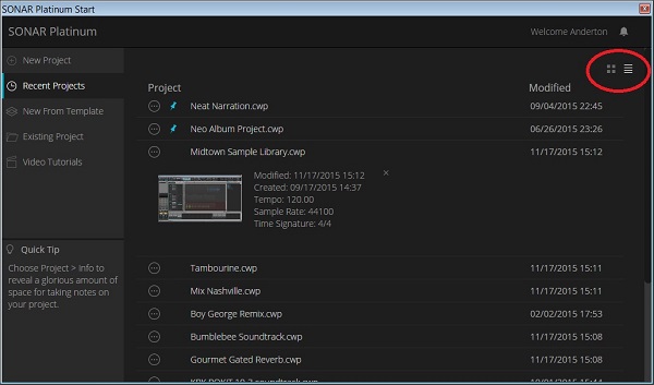 Start Screen List View - SONAR 