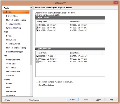 Audio driver preferences window