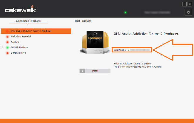 XLN Addictive Drums 2 serial number in the Cakewalk Command Center