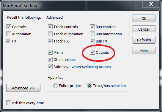 Mix Recall Settings