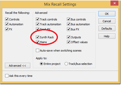 Mix Recall Settings