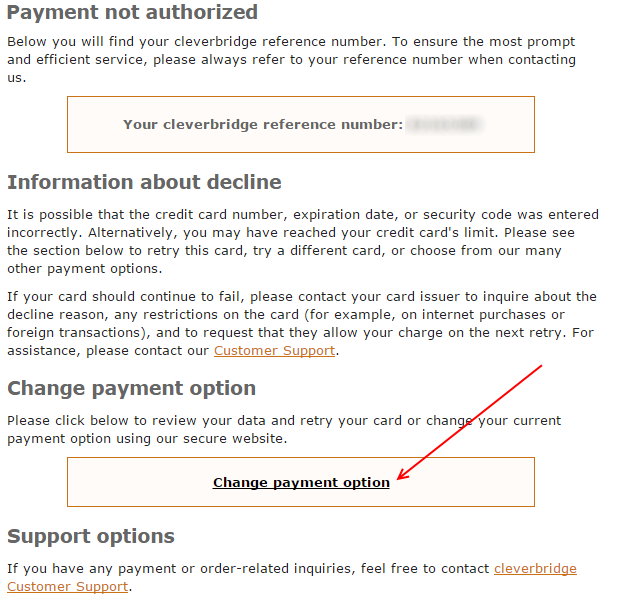 Change Payment Options Email