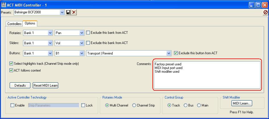 ACT MIDI Controller properties page
