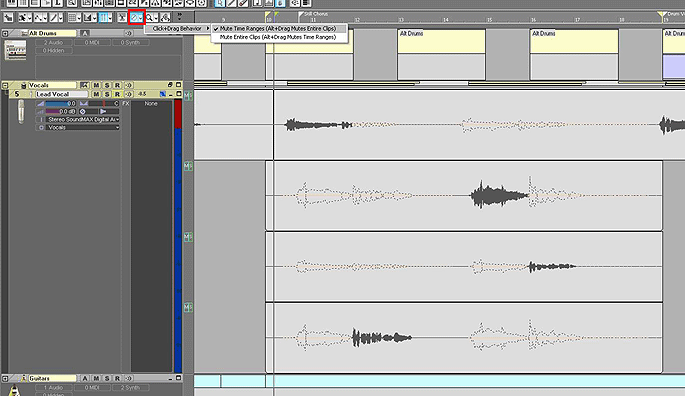 Fig. 3 Showing Mute Tool Button & Partially Muted Clips