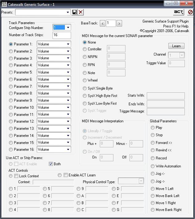 SONAR's Cakewalk Generic Surface dialog